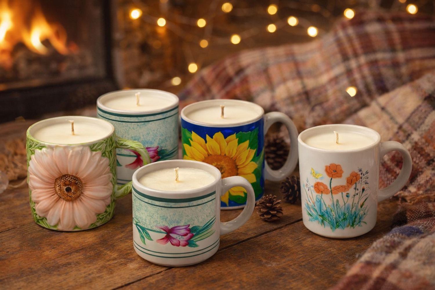 Hand poured scented mug candles in vintage floral mugs by Órale Homestead Candles, handmade soy wax candles for cozy home decor, farmhouse style gifts, and unique sustainable candle lovers.