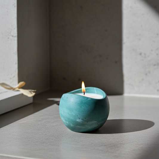 Teal candle holder with a lit candle on a gray surface with a concrete wall background