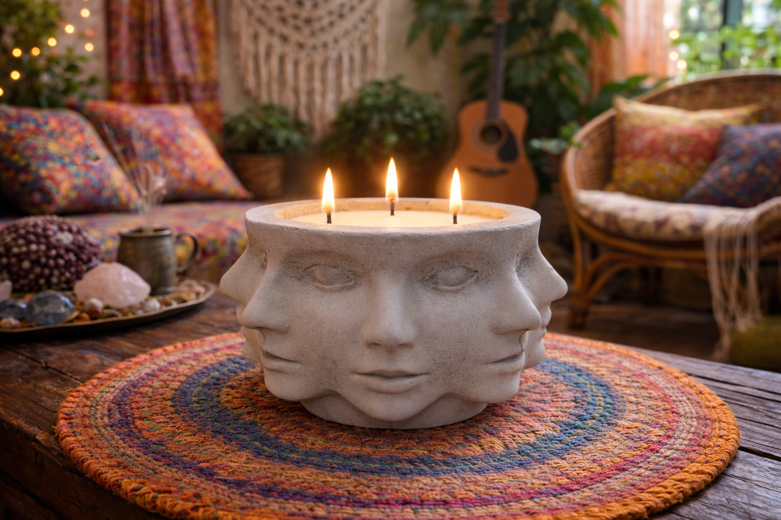 Candle holder shaped like a face with three lit candles on a colorful rug in a cozy living room.