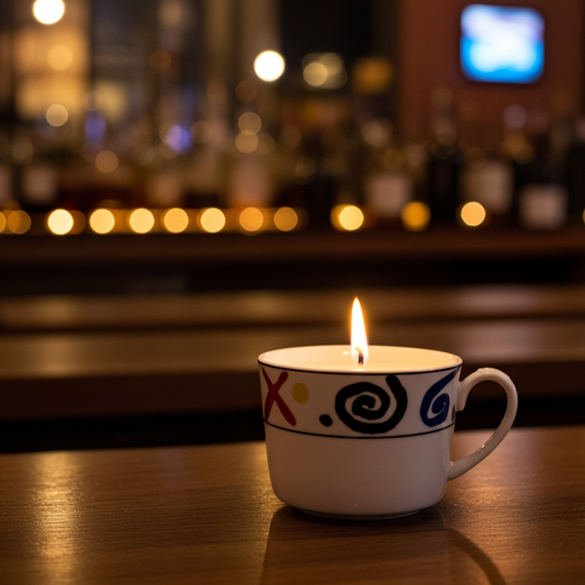 Candle in a decorative mug on a bar counter with blurred bar background