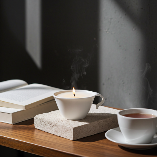 Candle in a white cup with a lit flame, an open book, and a cup of tea on a wooden surface.