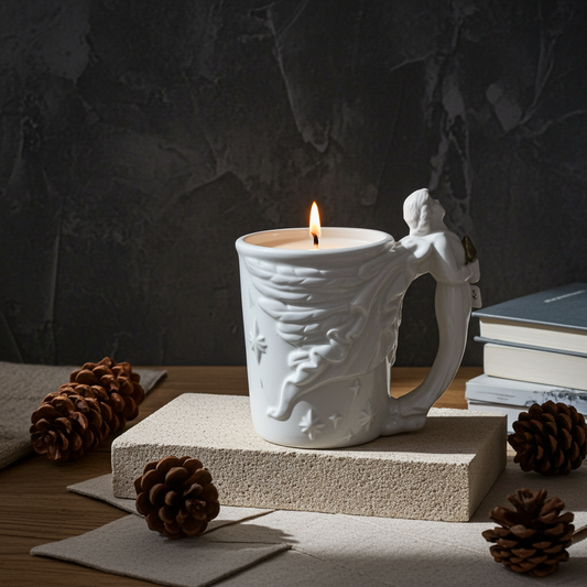 White ceramic mug with a candle inside, surrounded by pine cones and books on a dark background
