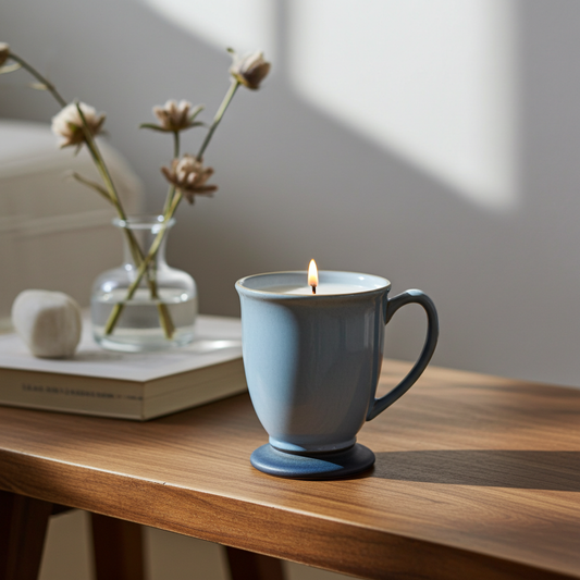 Blue mug candle on a wooden surface with a vase of flowers and books in the background