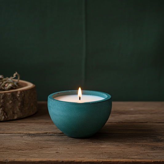 Teal candle in a bowl on a wooden surface with a dark green background